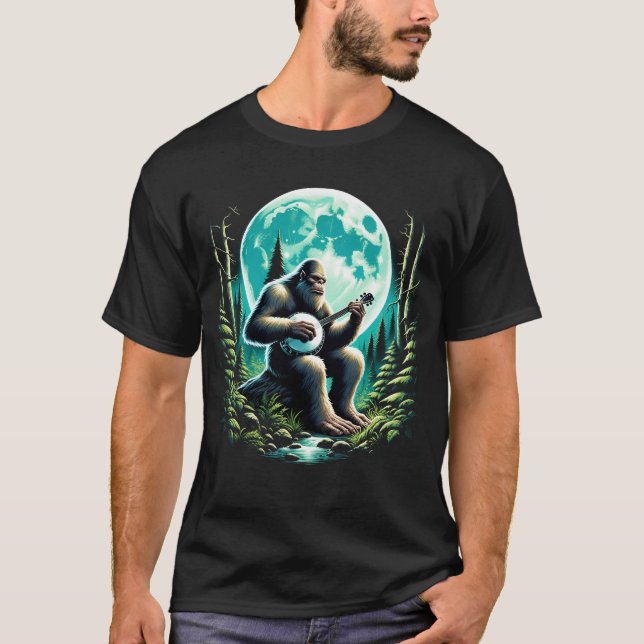 Sasquatch Bigfoot Spielen Banjo auf Vollmond T-Shirt (Vorderseite)