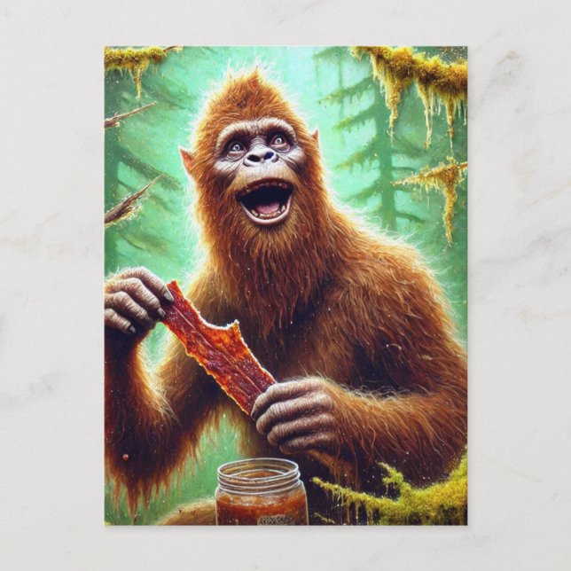 Sasquatch im Mossawald mit einem Glas Rindfleisch  Postkarte (Vorderseite)