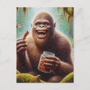 Sasquatch im Mossawald mit gefundenen Glas Jerky Postkarte