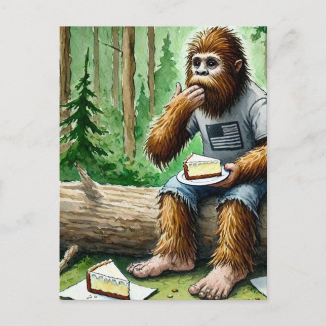 Sasquatch im Mosswald mit Jummy-Käsekuchen Postkarte (Vorderseite)