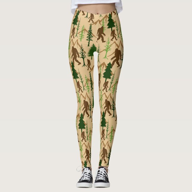 Sasquatch im Wald Bäume Bigfoot Gemustert Leggings (Vorderseite)