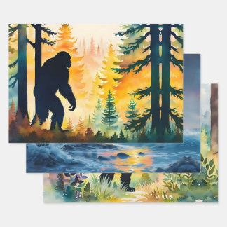 Sasquatch-Landschaft und Sonnenuntergang Geschenkpapier Set