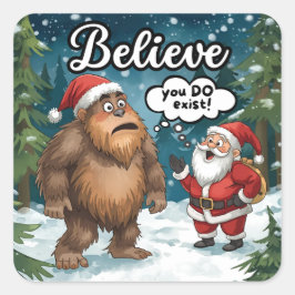 Sasquatch Meets Santa I Believe Funny Christmas Quadratischer Aufkleber