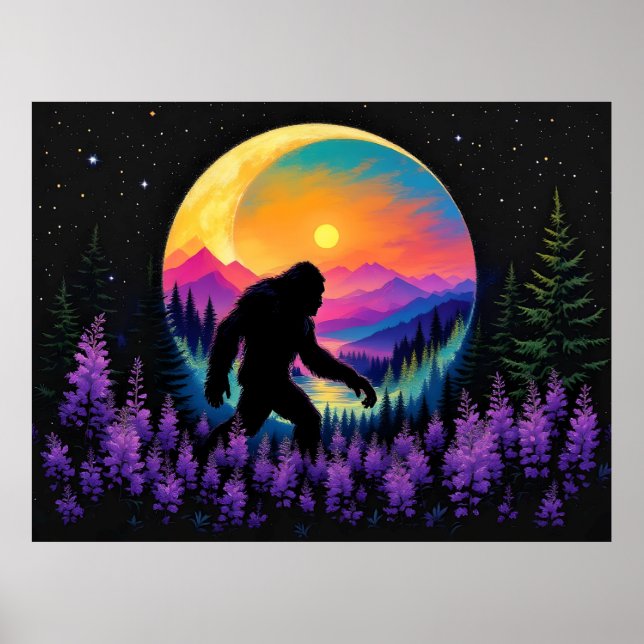 Sasquatch Regenbogen-Berg Mond Wanduhr Poster (Vorne)