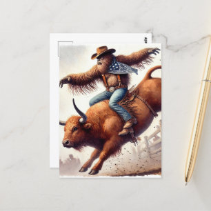 Sasquatch reiten auf einem Rodeo-Bull-Fantasy-Kuns Postkarte