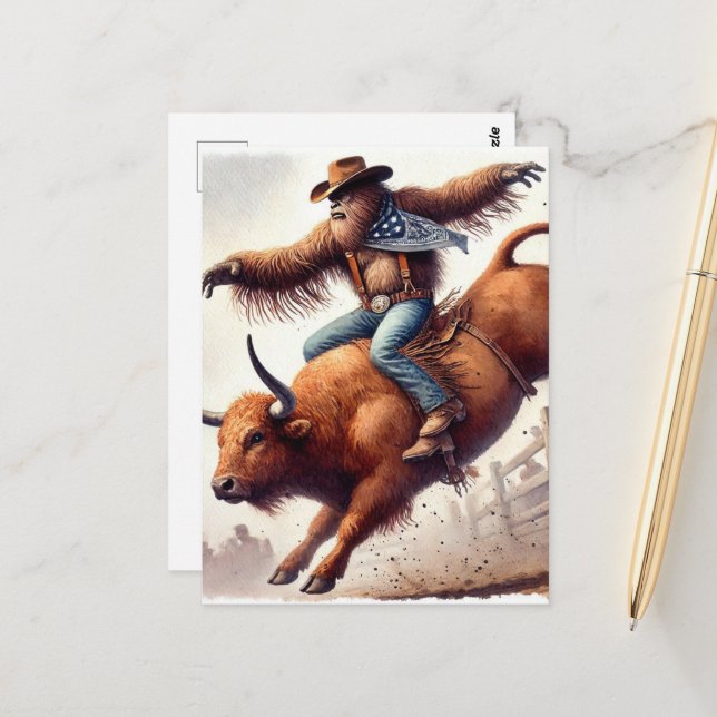 Sasquatch reiten auf einem Rodeo-Bull-Fantasy-Kuns Postkarte (Vorderseite/Rückseite Beispiel)