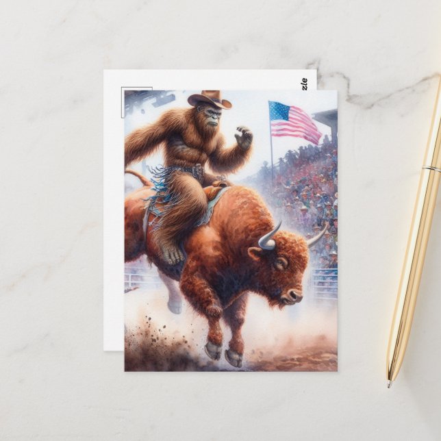 Sasquatch reiten auf einem Rodeo-Bull-Fantasy-Kuns Postkarte (Vorderseite/Rückseite Beispiel)
