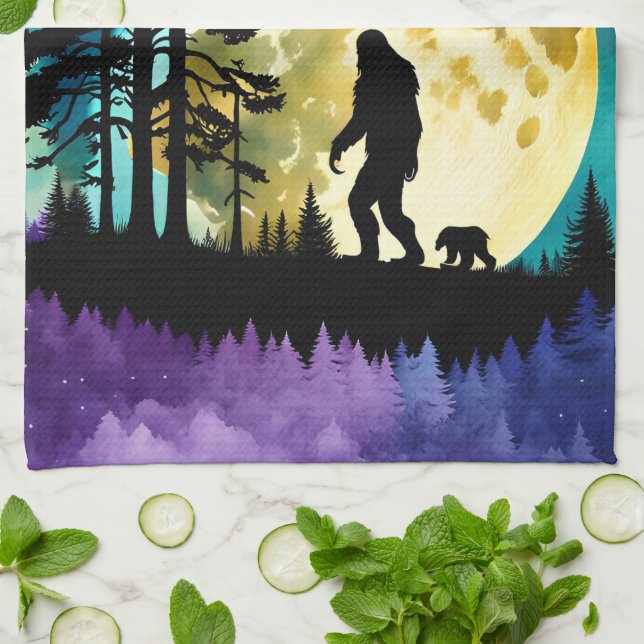 Sasquatch und Bär auf dem Berg Geschirrtuch (Gefaltet)
