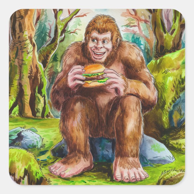 Sasquatch und der Käserburger in einem Mossy-Wald Quadratischer Aufkleber (Vorderseite)