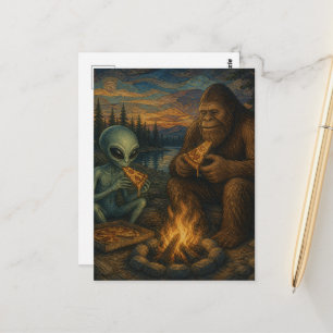 Sasquatch und ein Außerirdischer essen Pizza am La Postkarte