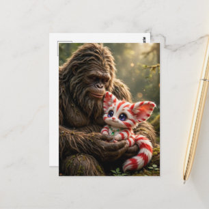 Sasquatch und ein süßes kleines mythisches Haustie Postkarte
