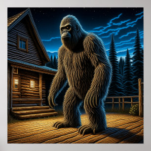 Sasquatch vor der Holzhütte im Wald Poster