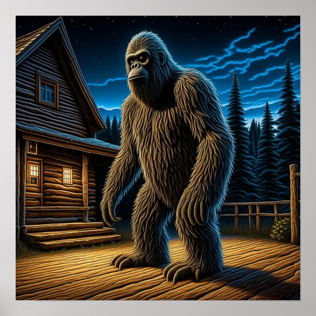 Sasquatch vor der Holzhütte im Wald Poster (Vorne)