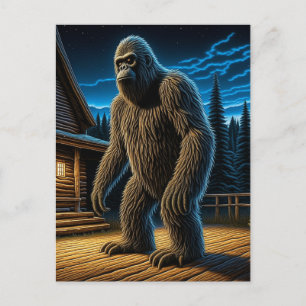 Sasquatch vor der Holzhütte im Wald Postkarte