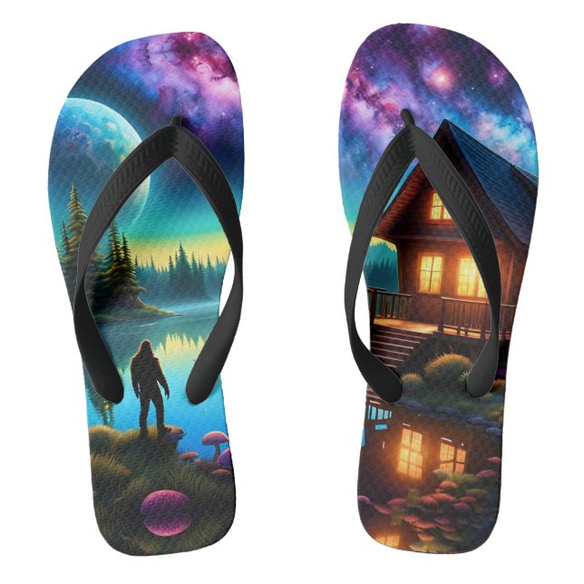Sasquatch Watching Nebel auf einem fernen Planeten Flip Flops (Fußbett)