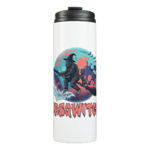 Sasqwitch Bigfoot Hexen Besen Schwarze Katze Mond Thermosbecher
