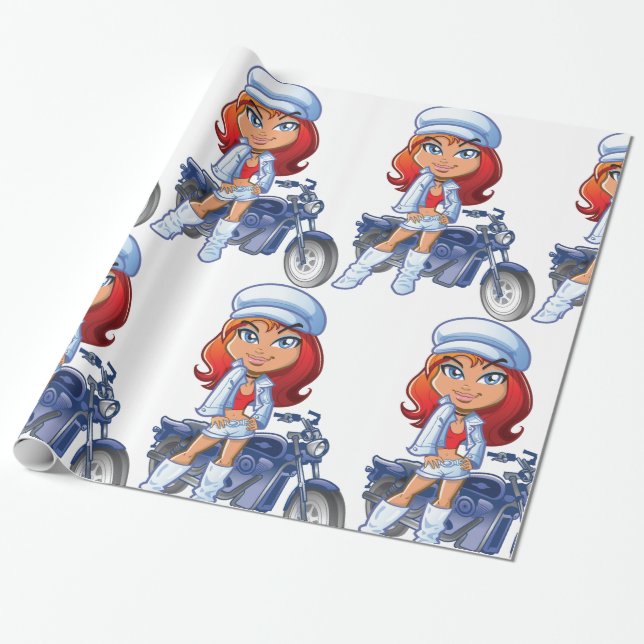 Sassy Biker Girl mit Rotem Haar und Motorrad Geschenkpapier (Ungerollt)