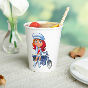 Sassy Biker Girl mit Rotem Haar und Motorrad Pappbecher