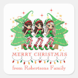 Sassy Elves tanzt um den Weihnachtsbaum Quadratischer Aufkleber
