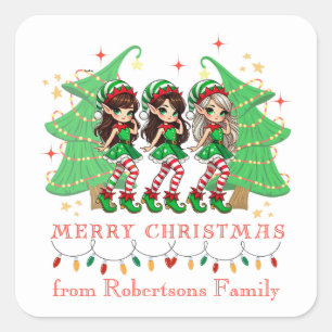 Sassy Elves tanzt um den Weihnachtsbaum Quadratischer Aufkleber