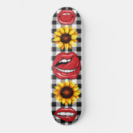 Sassy Lips Open Mouth Tongue Sunflower Checkered Skateboard
