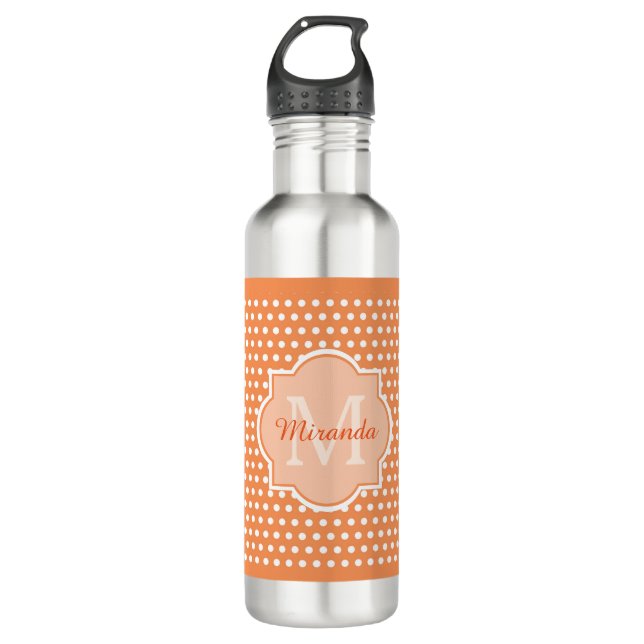 Sassy Orange Polka Dots Monogramm mit Namen Trinkflasche (Vorderseite)