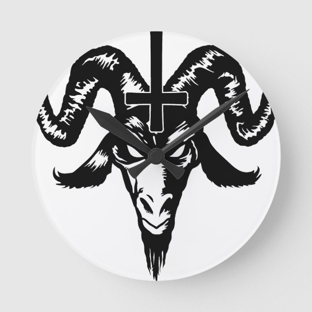 Satanic Goat Head mit Cross (schwarz) Runde Wanduhr (Vorderseite)