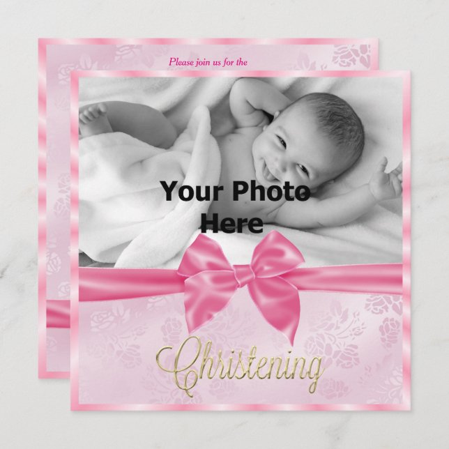 Satin Bow Foto Girl's Christening Einladung (Vorne/Hinten)