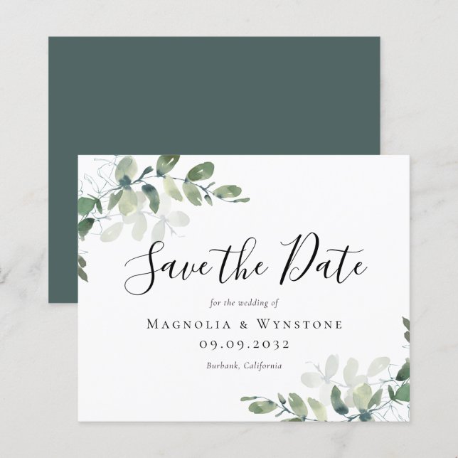 SATIN Eucalyptus Watercolor Wedding Save the Date (Vorne/Hinten)