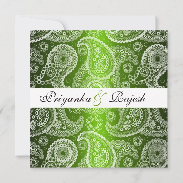 Satin Green White Lace Paisley Wedding Einladung (Vorderseite)