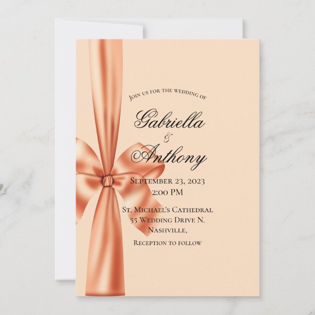 Satin Ribbon Peach Wedding Einladung (Vorderseite)