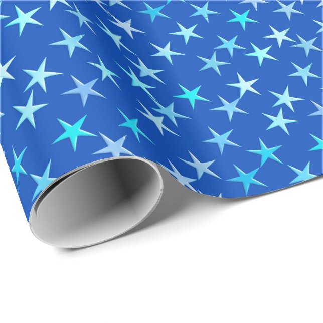 Satin-Sterne, blass blau auf Kobalt Geschenkpapier (Rolleneckpunkt)