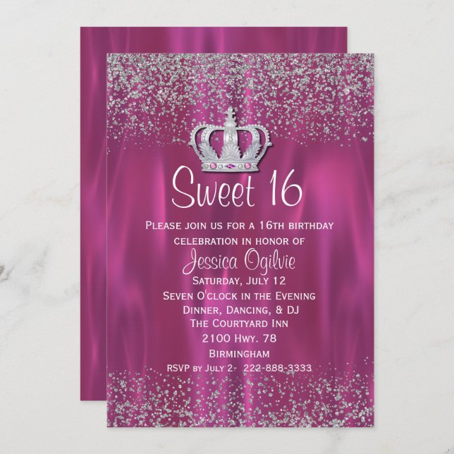 Satin und Glitzer Look Sweet 16 Einladung (Vorne/Hinten)