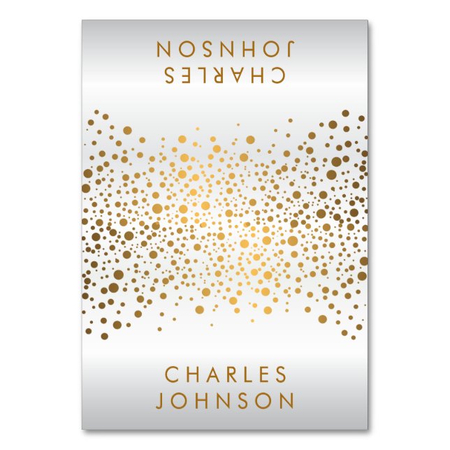 Satin White und Gold Confetti Dots | PLATZKARTEN Tischnummer (Vorderseite)
