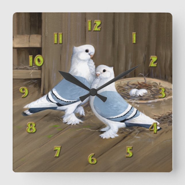 Satinette Frill Pigeons Clock Quadratische Wanduhr (Vorderseite)