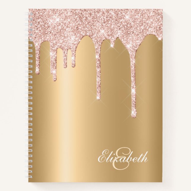 Satiny Gold - Rosa Glitzer Tropfen Mit Monogramm Notizbuch (Vorderseite)