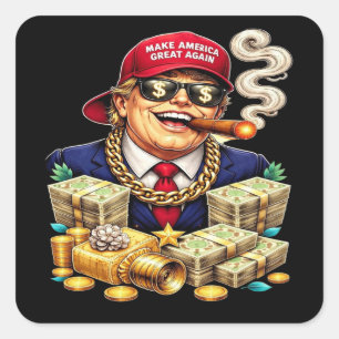 Satirischer MAGA-Milliardärs-Carton — Retro-Pop-Ar Quadratischer Aufkleber