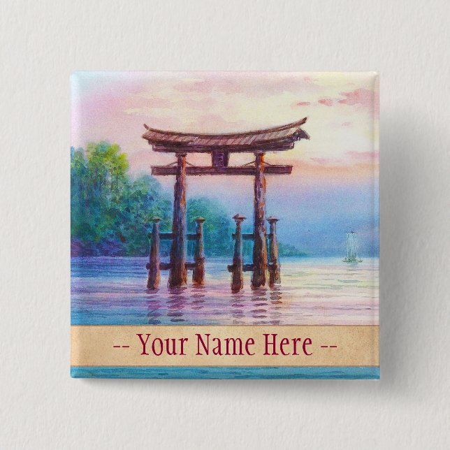 Satta Miyajima Torii und Sailboats japanische Kuns Button (Vorderseite)