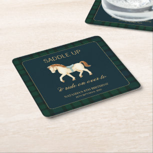 Sattel auf Vintage-Preppy-Pferdegeburtstag Rechteckiger Pappuntersetzer