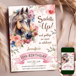 Sattel hoch Pferd Geburtstag Mädchen Rosa Floral P Einladung