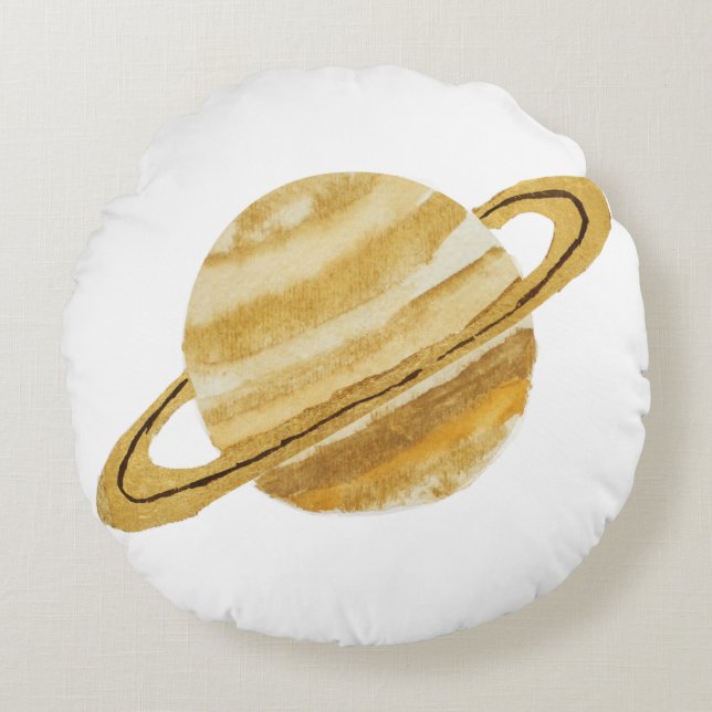 Saturn-Planeten-Aquarell-rundes Kissen (Vorderseite)