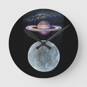 Saturn und Enceladus Runde Wanduhr