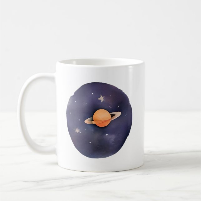 Saturns Serenade: Kosmische Wasserfarbe Kaffeetasse (Links)
