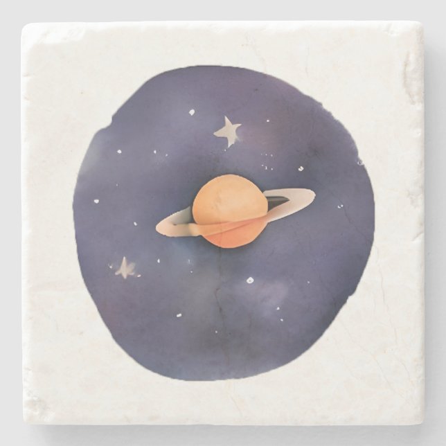 Saturns Serenade: Kosmische Wasserfarbe Steinuntersetzer (Vorderseite)