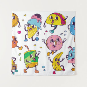 Satz von Essen und Trinken im Retro-Cartoon-Stil I Wandteppich