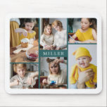 Saubere Elegante Aquamarine Familie 6 Fotomaterial Mousepad<br><div class="desc">Foto-Mauspad mit einer Foto-Collage von sechs Fotos umgeben Ihren Familiennamen in einem sauberen,  minimalistischen Design in weiß und dunkel aquamarin.</div>