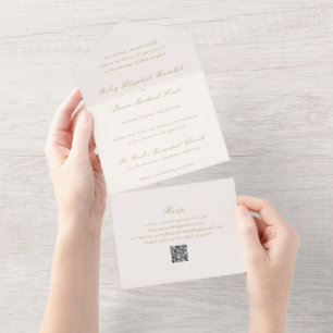 Saubere Elfenbein- und Gold-QR-Code elegante Hochz All In One Einladung