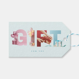 Saubere Himmelblaue GIFT-Foto-Typografie-Overlay Geschenkanhänger