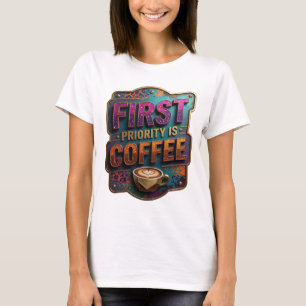 Saubere Lila ERSTES GEBOT IST KAFFEE Zitat-Shirt T-Shirt