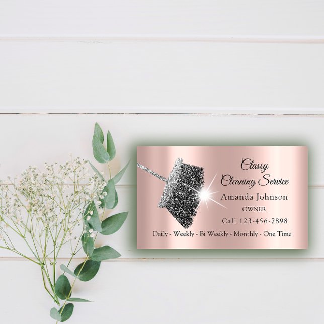 Saubere Reinigungsmittel Haushaltshilfe Grau Silbe Visitenkarte (Classy Cleaning Service Maid Gray Silver Rose Business Card)